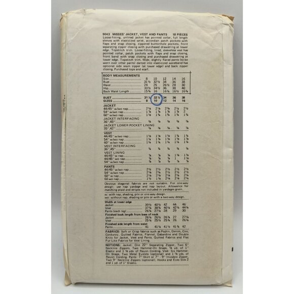 Vintage Vogue Patterns 9043 Misses Jacket Vest & Pants Sewing Pattern Uncut Sz10 - Picture 2 of 4